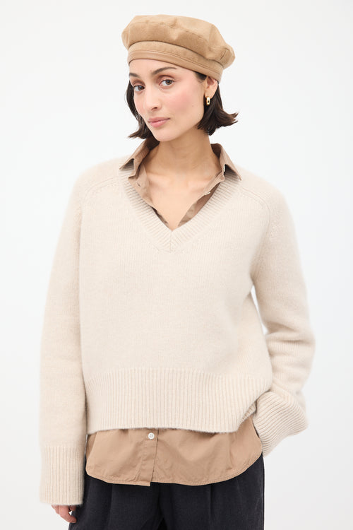 Max Mara Beige Wool 
Leather Logo Beret