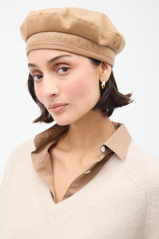 Max Mara Beige Wool 
Leather Logo Beret