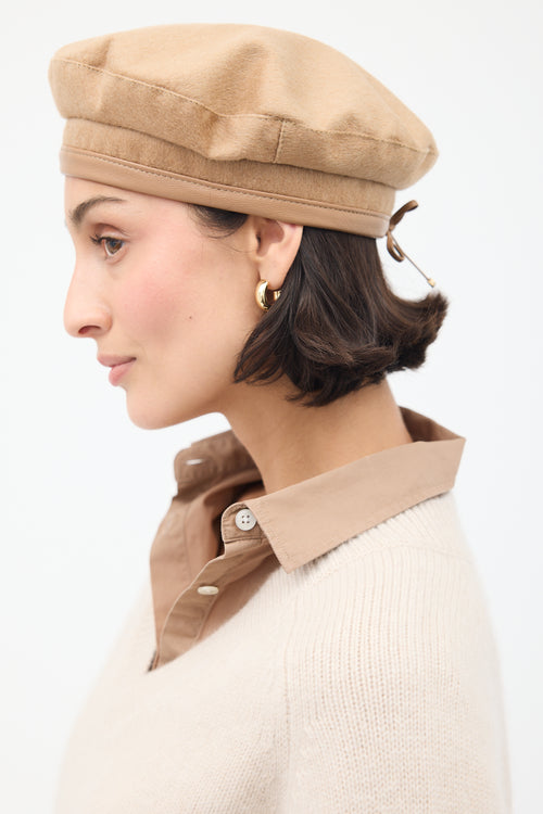 Max Mara Beige Wool 
Leather Logo Beret