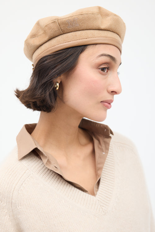 Max Mara Beige Wool 
Leather Logo Beret