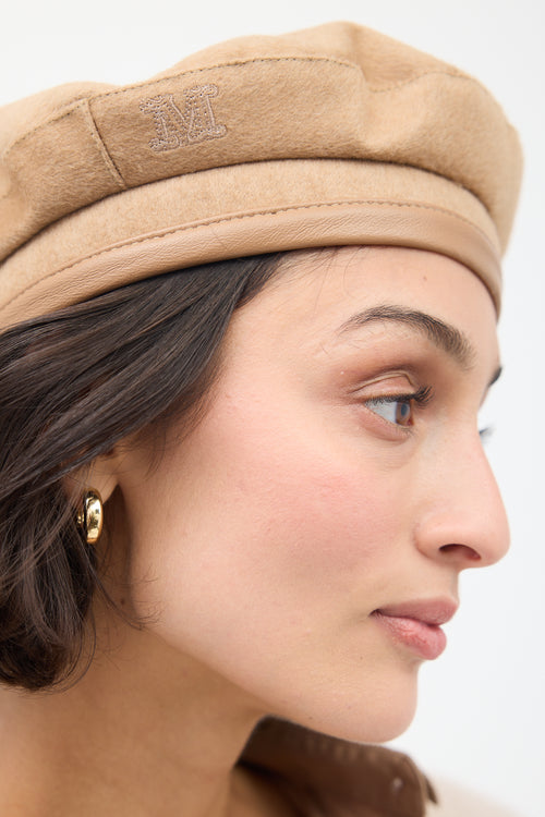 Max Mara Beige Wool 
Leather Logo Beret