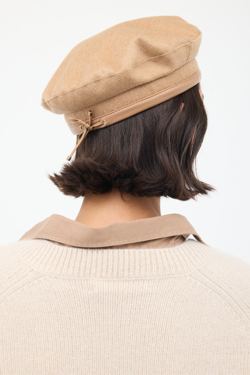 Max Mara Beige Wool 
Leather Logo Beret