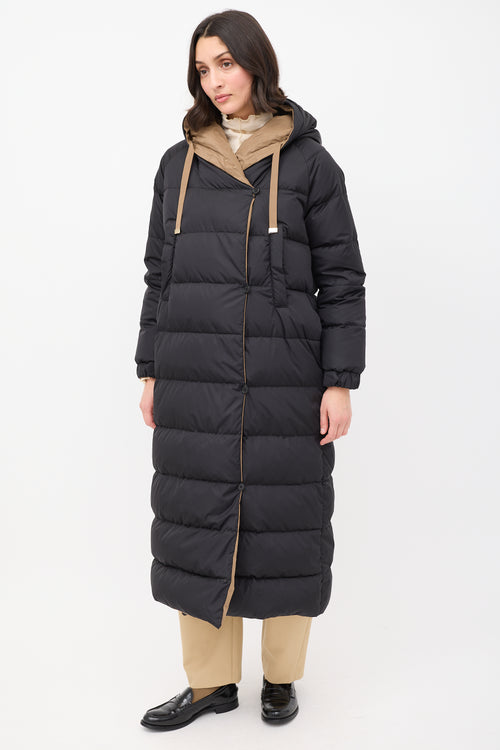 Max Mara Brown 
Black Reversible Hooded Long Padded Coat