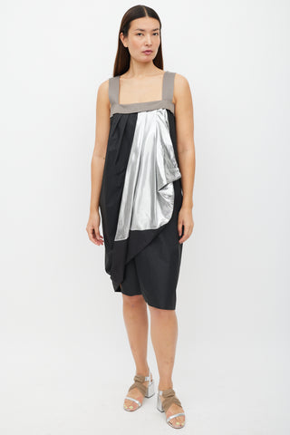 Max Mara Black 
Multicolour Metallic Gathered Dress