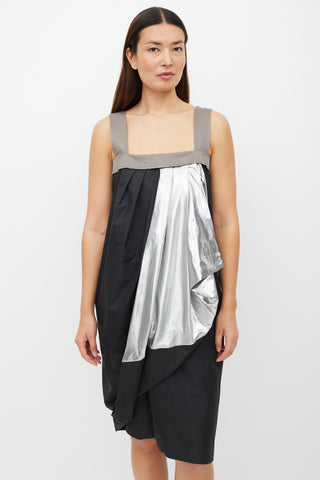 Max Mara Black 
Multicolour Metallic Gathered Dress