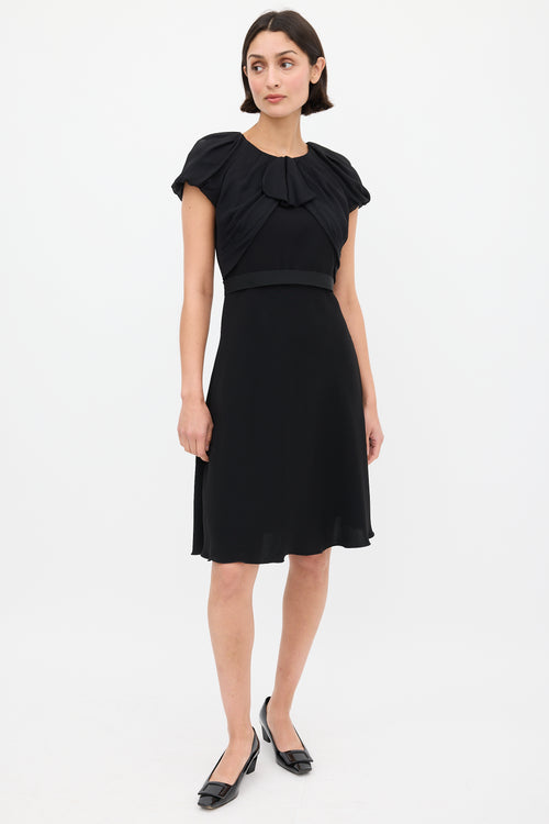 Max Mara Black Pleated Neck Ribbon Waist Dress