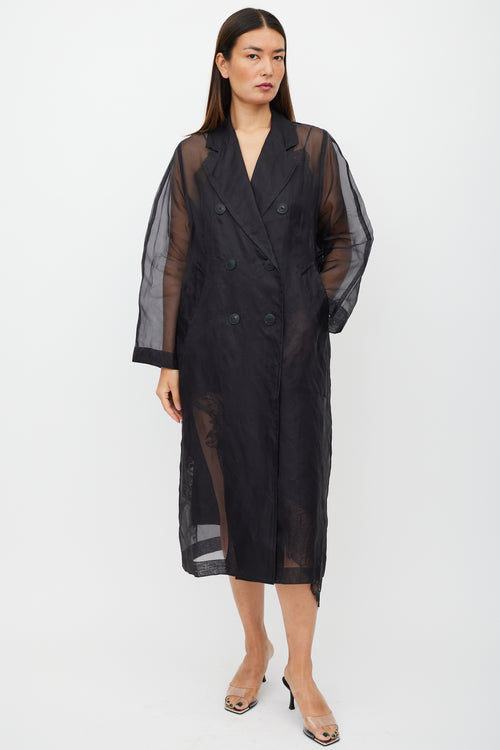 Max Mara Black Sheer Silk Double Breasted Trench Coat