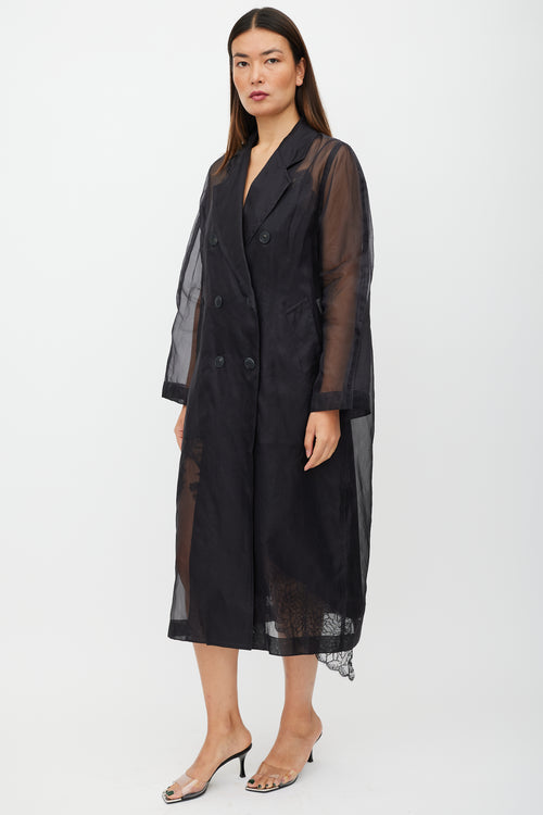 Max Mara Black Sheer Silk Double Breasted Trench Coat