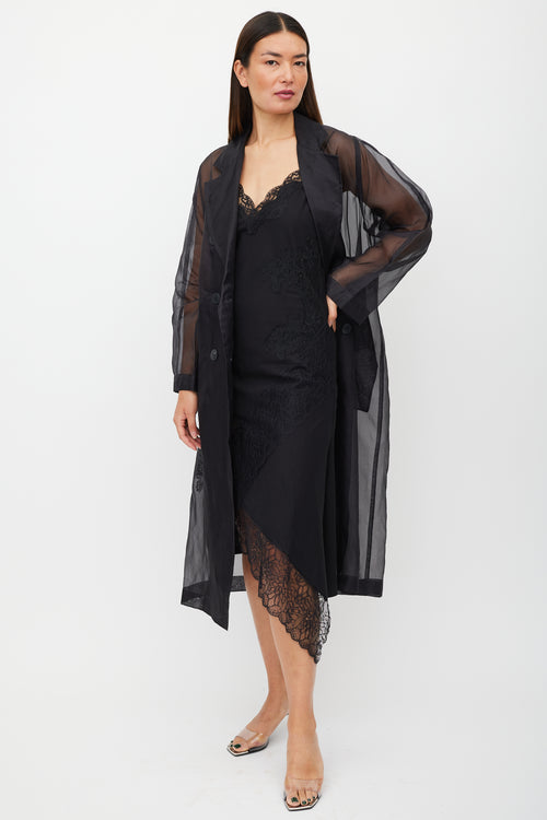 Max Mara Black Sheer Silk Double Breasted Trench Coat