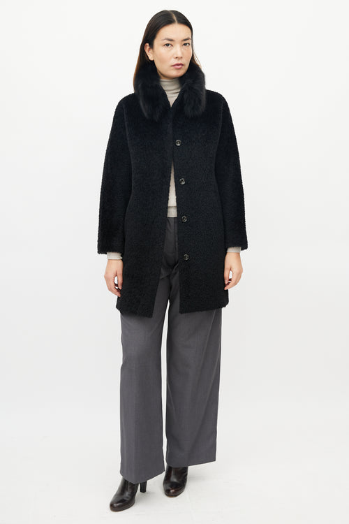 Max Mara Black Wool Blend Fur Collar Coat