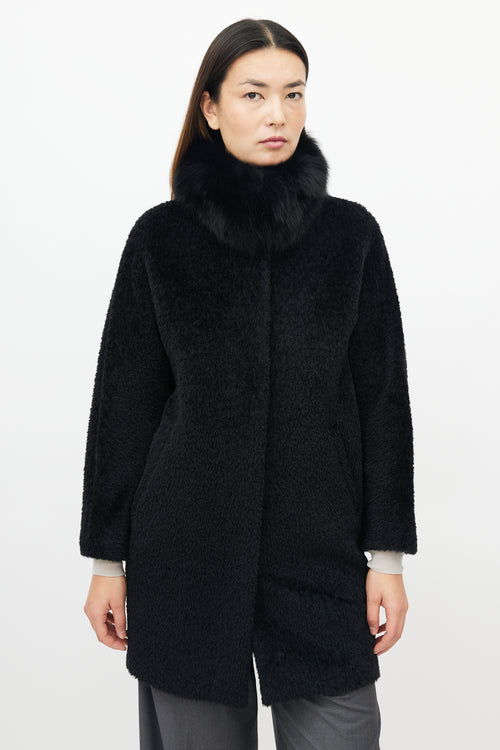 Max Mara Black Wool Blend Fur Collar Coat