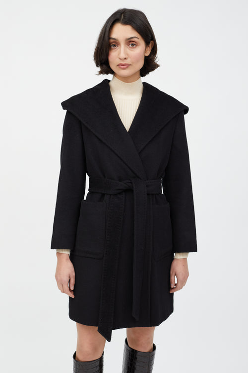 Max Mara Black Wool Hooded Wrap Coat