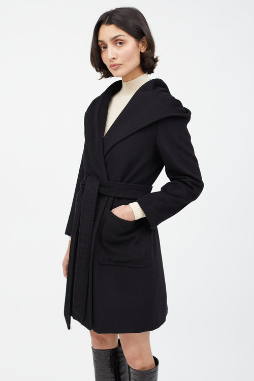 Max Mara Black Wool Hooded Wrap Coat