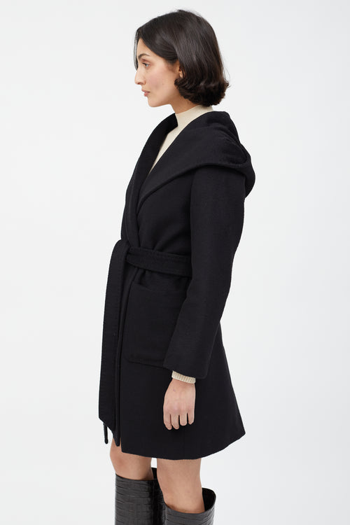 Max Mara Black Wool Hooded Wrap Coat