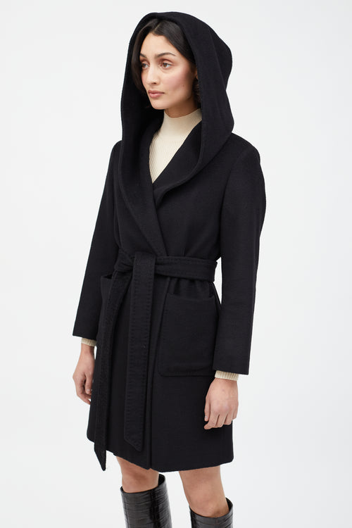 Max Mara Black Wool Hooded Wrap Coat