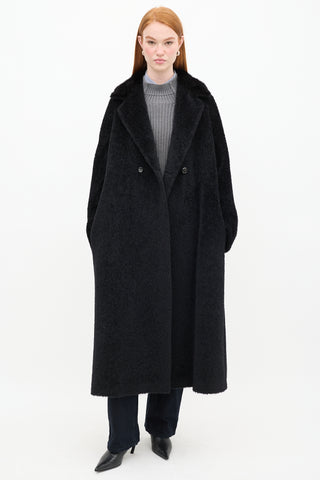 Max Mara Black Wool Teddy Fur Trim Coat