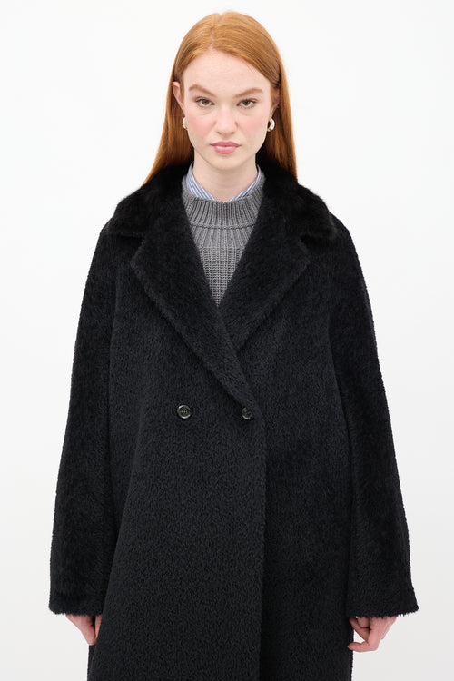 Max Mara Black Wool Teddy Fur Trim Coat