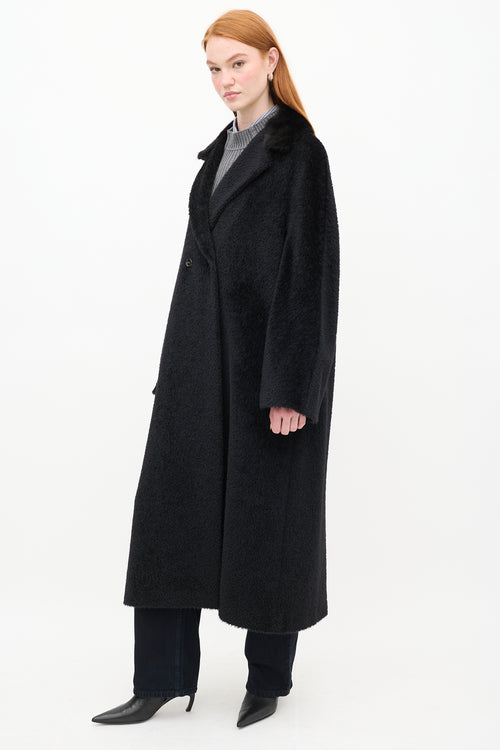 Max Mara Black Wool Teddy Fur Trim Coat