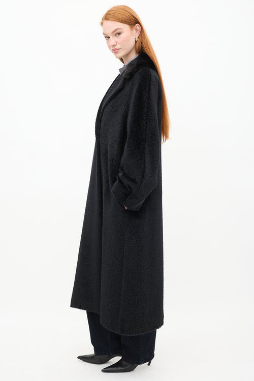 Max Mara Black Wool Teddy Fur Trim Coat