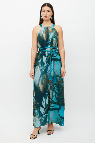 Max Mara Blue 
Multicolour Silk Belted Dress