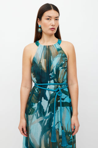 Max Mara Blue 
Multicolour Silk Belted Dress