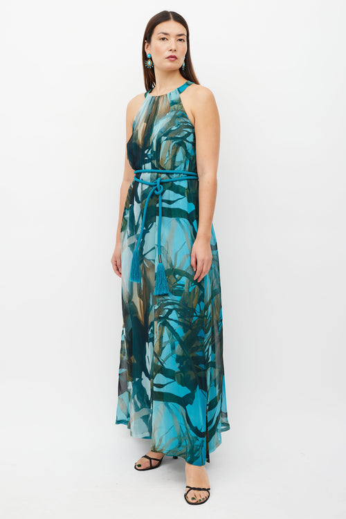 Max Mara Blue 
Multicolour Silk Belted Dress