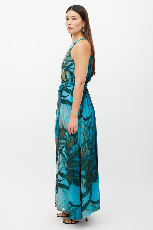 Max Mara Blue 
Multicolour Silk Belted Dress