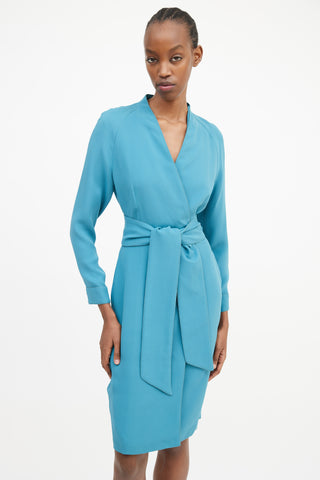 Max Mara Blue Wrap Front Belted Dress