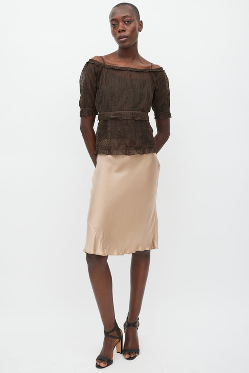 Max Mara Brown Knit Ruffled Short Sleeve Top