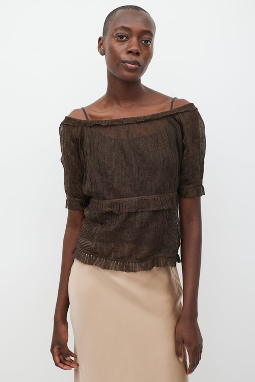 Max Mara Brown Knit Ruffled Short Sleeve Top