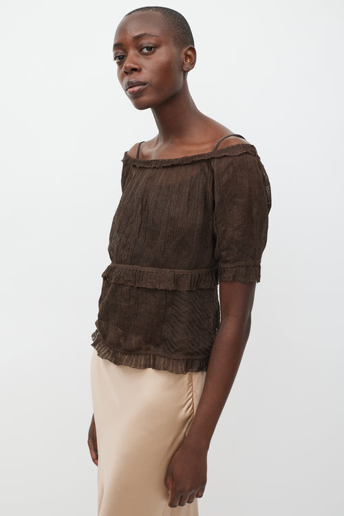 Max Mara Brown Knit Ruffled Short Sleeve Top