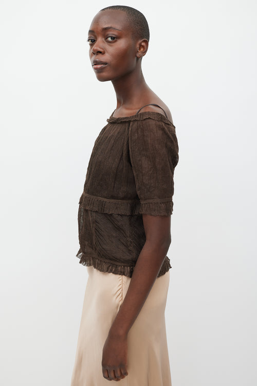 Max Mara Brown Knit Ruffled Short Sleeve Top