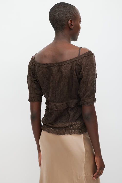 Max Mara Brown Knit Ruffled Short Sleeve Top