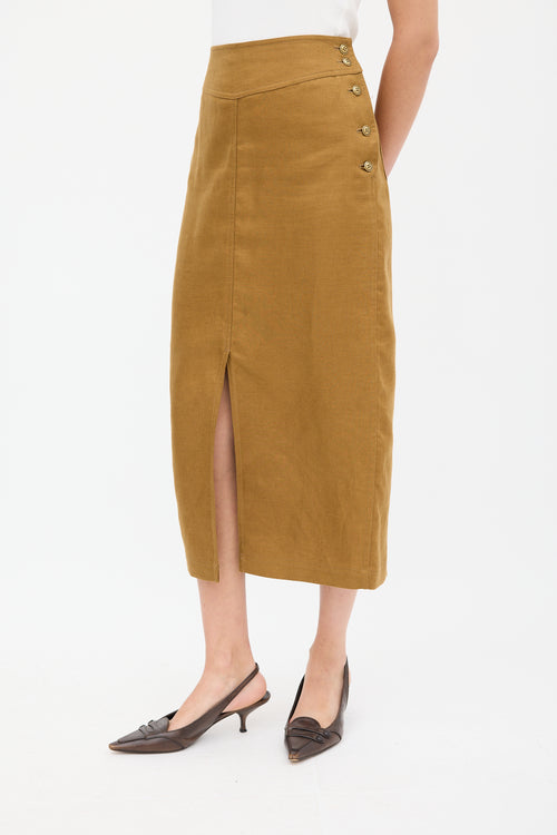 Max Mara Brown Linen Buttoned Midi Skirt