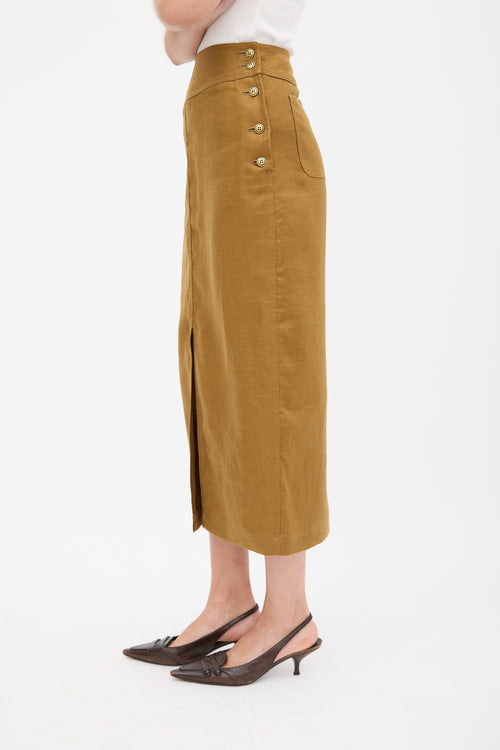 Max Mara Brown Linen Buttoned Midi Skirt