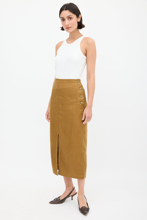 Max Mara Brown Linen Buttoned Midi Skirt