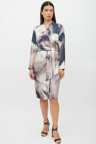 Max Mara Cream 
Multicolour Silk Tie Dye Belted Dress