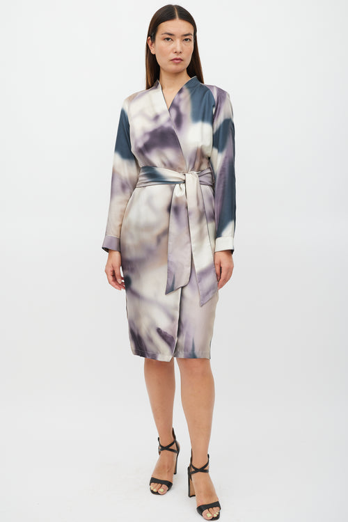 Max Mara Cream 
Multicolour Silk Tie Dye Belted Dress