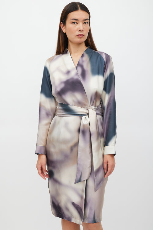 Max Mara Cream 
Multicolour Silk Tie Dye Belted Dress