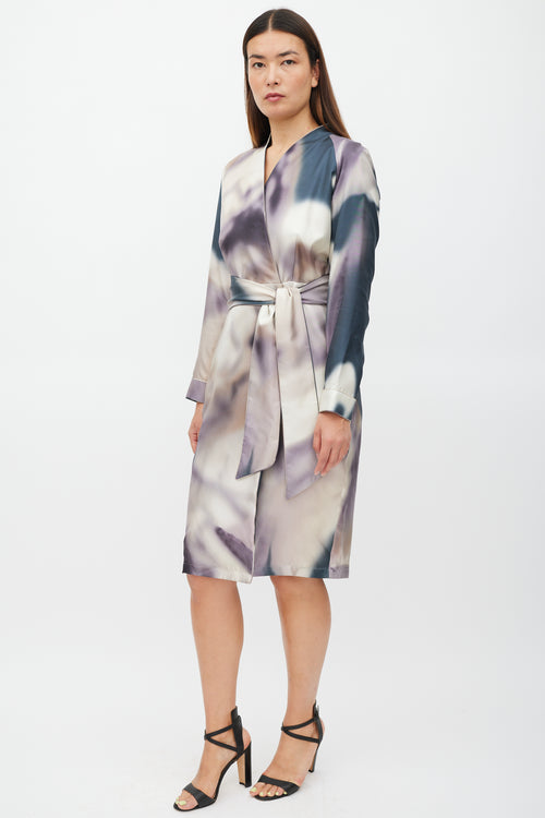 Max Mara Cream 
Multicolour Silk Tie Dye Belted Dress