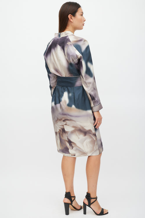 Max Mara Cream 
Multicolour Silk Tie Dye Belted Dress