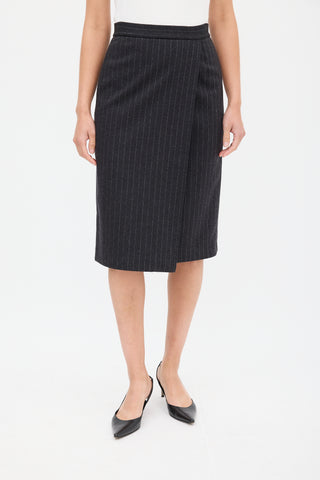 Max Mara Dark Grey Wool 
Leather Striped Skirt