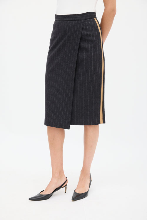 Max Mara Dark Grey Wool 
Leather Striped Skirt