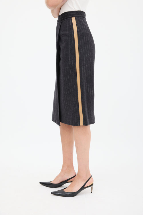 Max Mara Dark Grey Wool 
Leather Striped Skirt