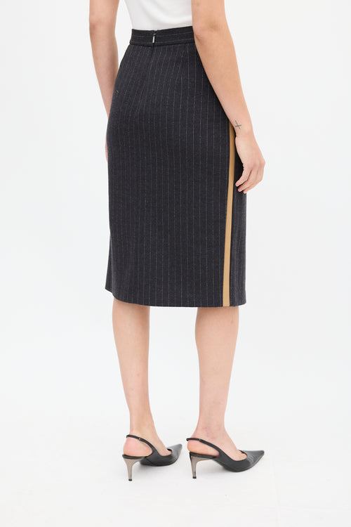 Max Mara Dark Grey Wool 
Leather Striped Skirt