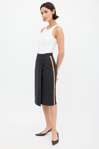 Max Mara Dark Grey Wool 
Leather Striped Skirt