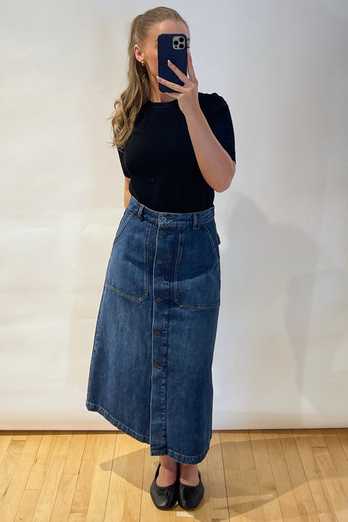 Max Mara Blue Denim Button Front Midi Skirt