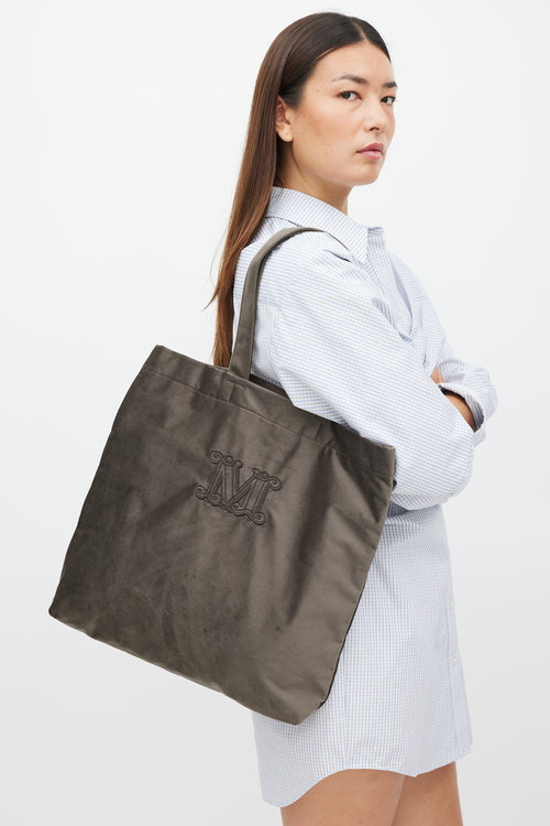 Max Mara Grey 
Brown Velour Logo Tote