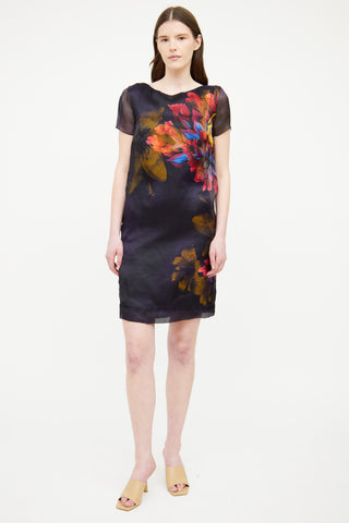 Max Mara Navy Floral Short Sleeve Dress