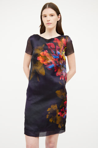 Max Mara Navy Floral Short Sleeve Dress